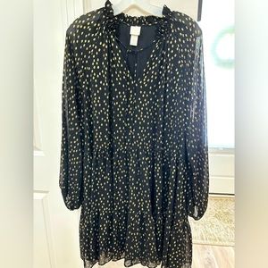 H&M Black Lined Chiffon Dress with Metallic Gold Dots Shear Sleeves